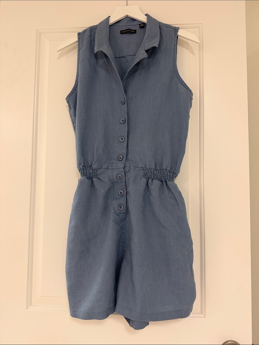 Sleeveless Button-Front linen Romper in Light Blue